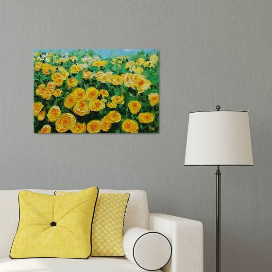 FIELD OF YELLOW, ORANGE, WHITE  ROSES  palette knife modern decor MEADOW OF FlOWERS, LANDSCAPE,  office home decor gift