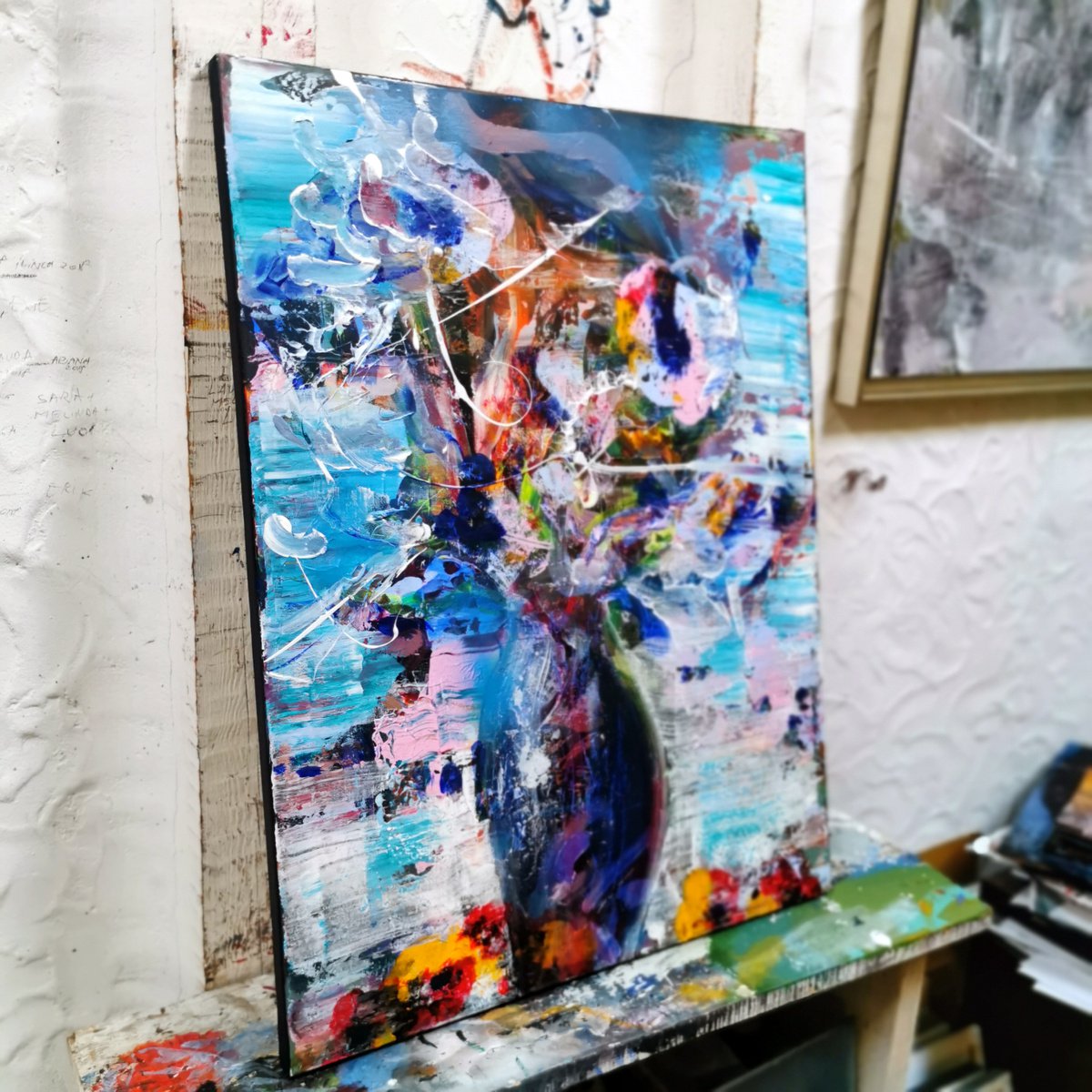 Melancholic spontaneous abstract large painting still life with blue ...