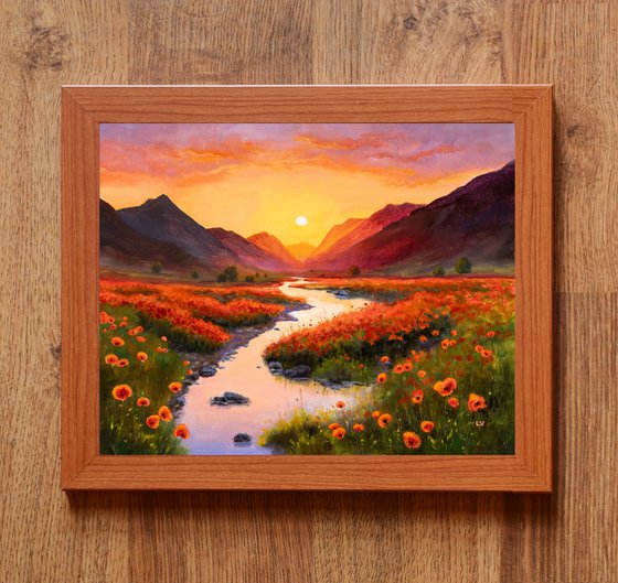 Poppies by the river at sunset