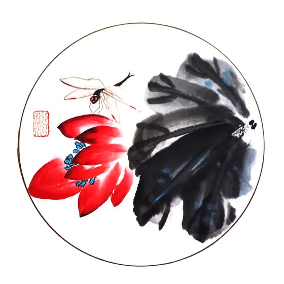 Red lotus and dragonfly in a circle - Oriental Chinese Ink Painting