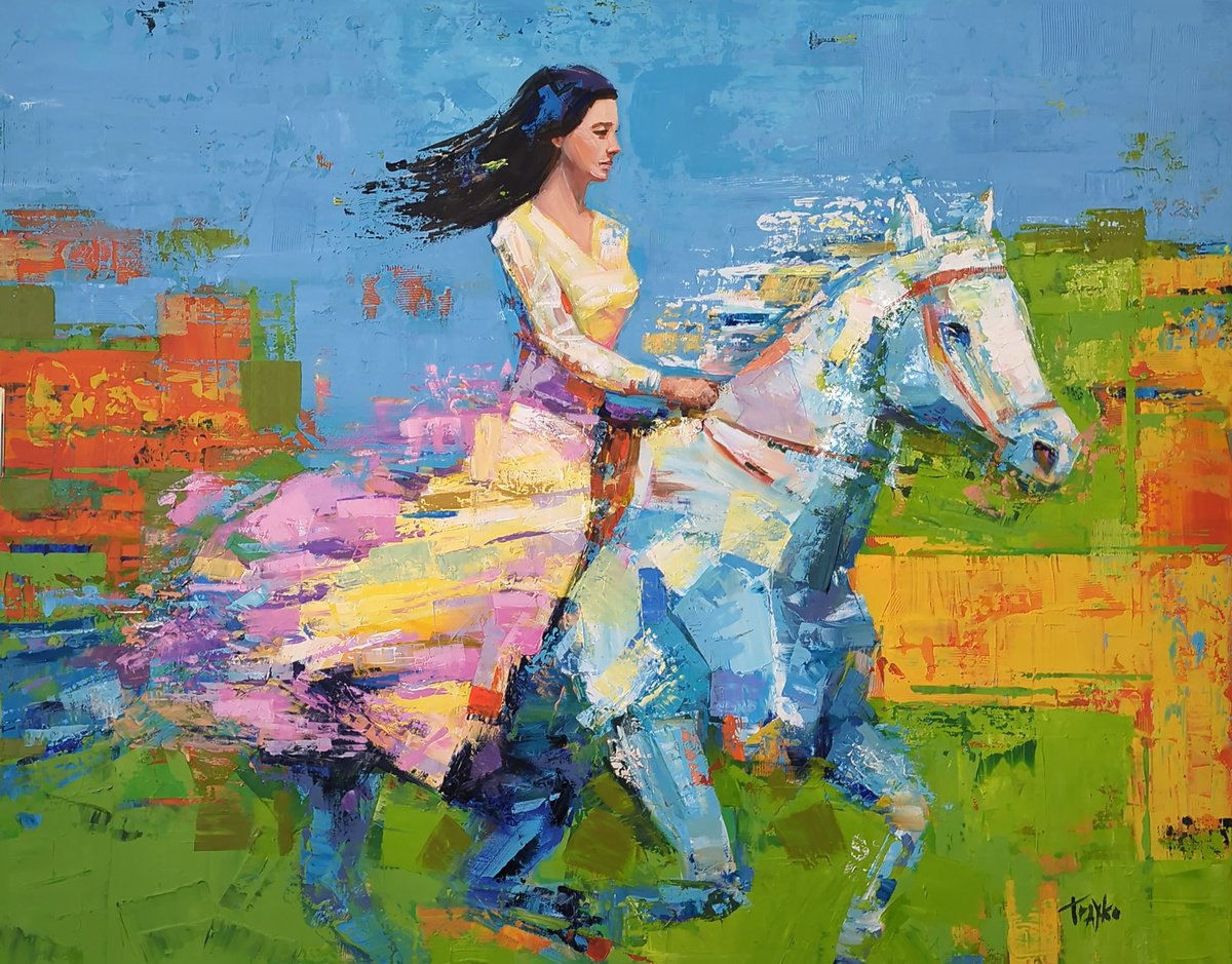 Abstract Portrait Acrylic Painting By Trayko Popov, 39 X 31", Wild West Horse Riding, Original Artwork