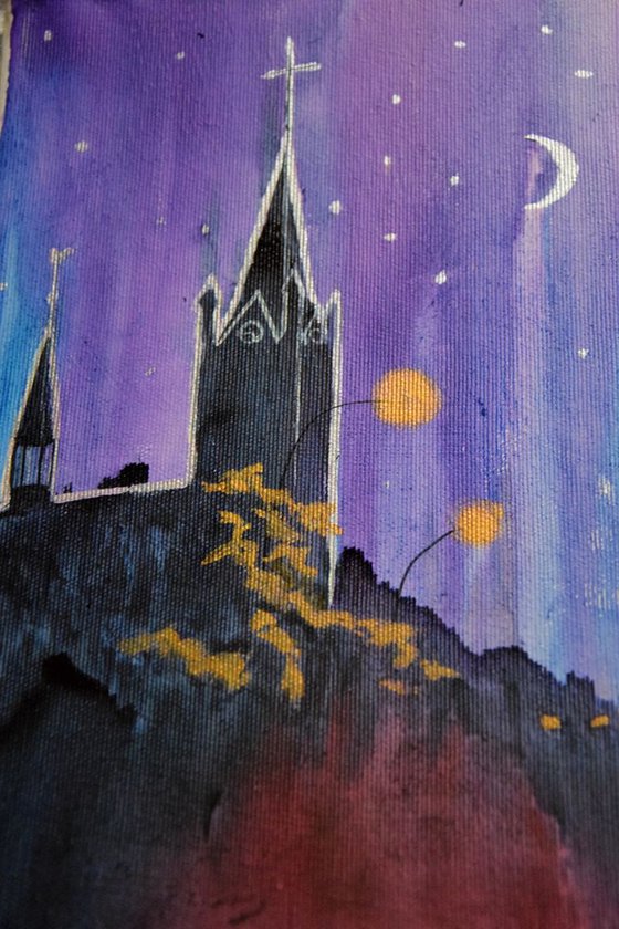 Original watercolor painting on canvas Golden and silver Slovak church in starry night