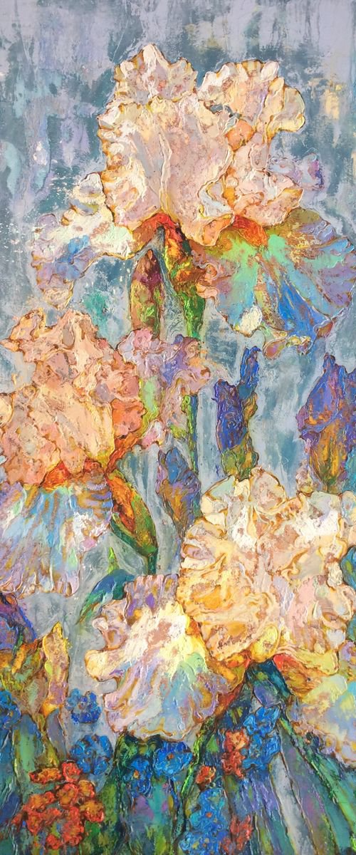 Irises on a gray-green background. by Andriy Vutyanov