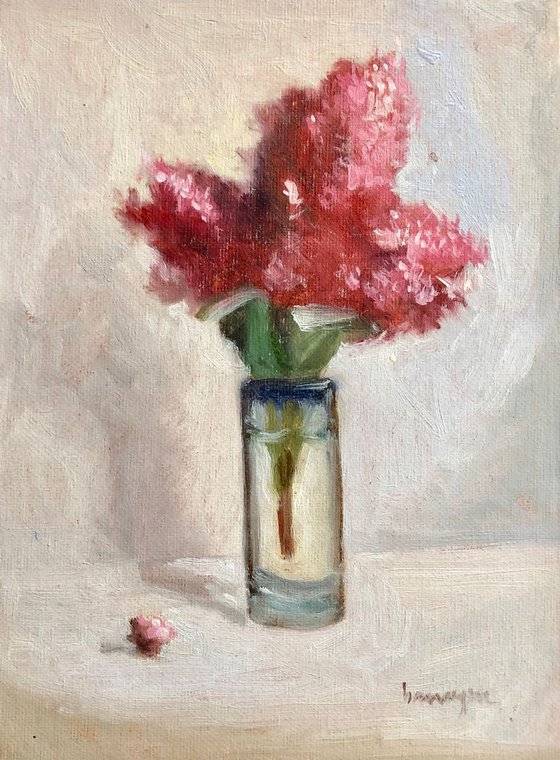 Pink Flower in Glass Still Life Oil Painting on Canvas Board