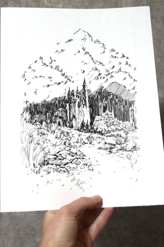 Castle in the mountains Black on white drawing