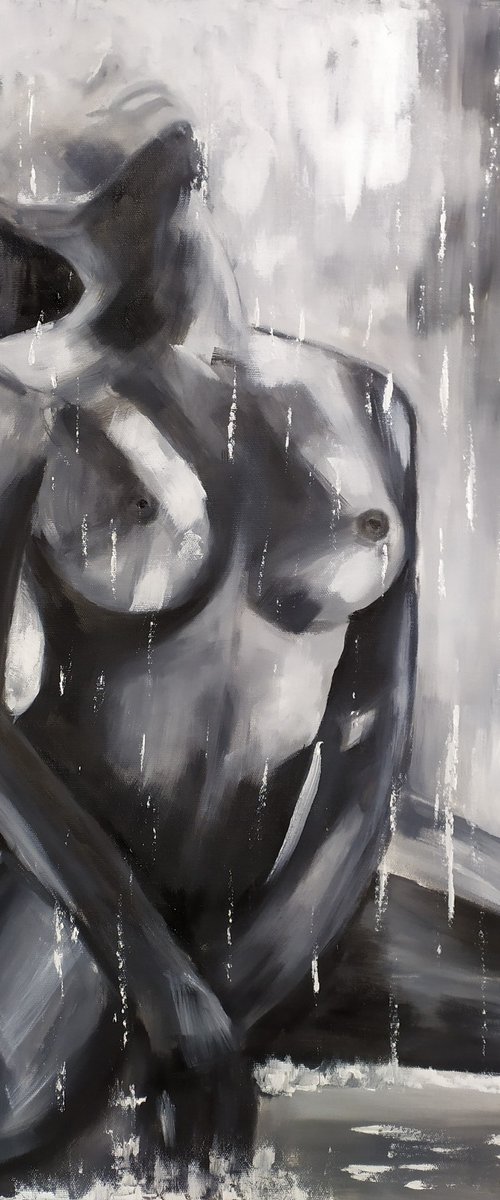 Under the rain, nude erotic oil painting, original art, Gestural, Gift idea by Nataliia Plakhotnyk