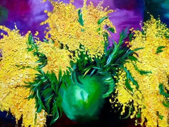 Mimosas in vase . Bouquet of flowers. Inspired by Moise Kisling.