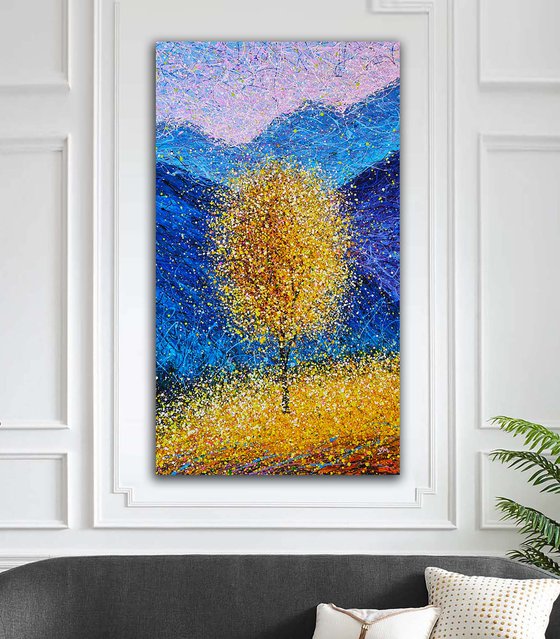 Yellow bright painting Autumn modern landscape Sunny autumn tree Mountains vertical art