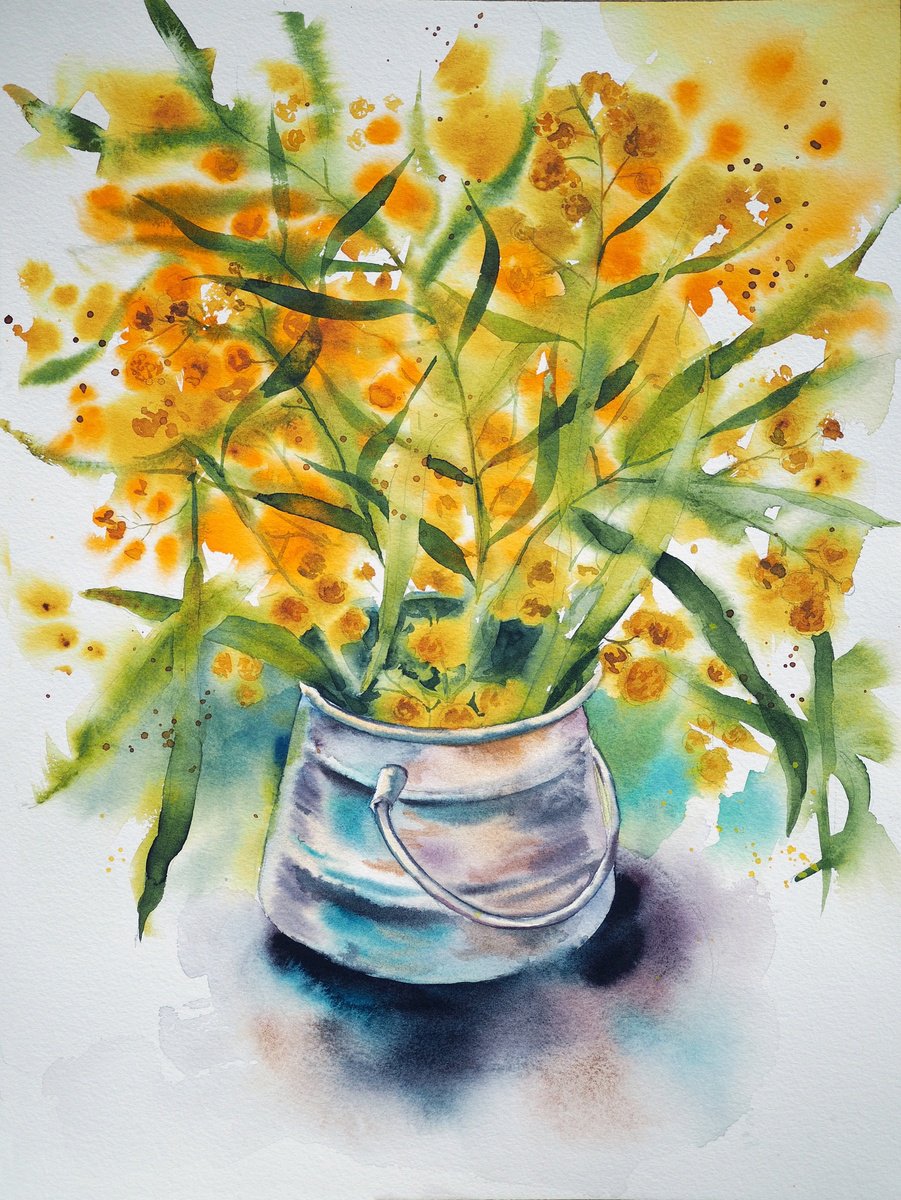 Impressionistic Botanical Watercolour By Delnara El, 12 X 16, Mimosa, Original Artwork