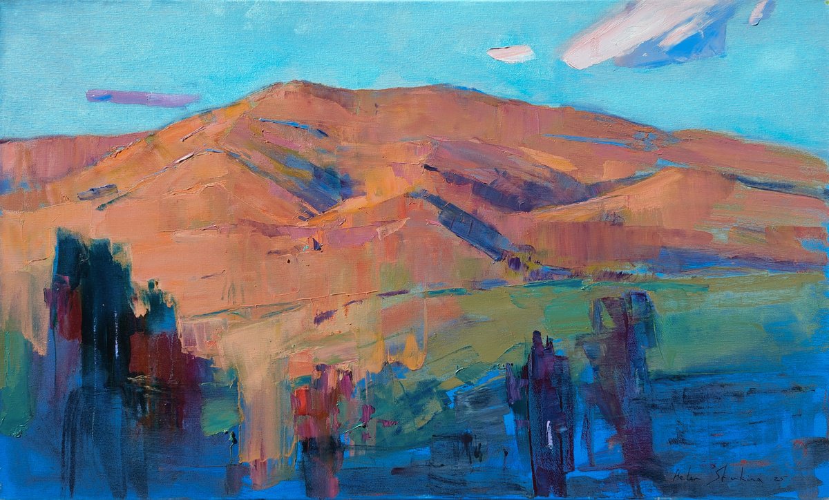 Landscape Oil Painting By Helen Shukina, 39 X 24, Golden Panorama, Original Artwork