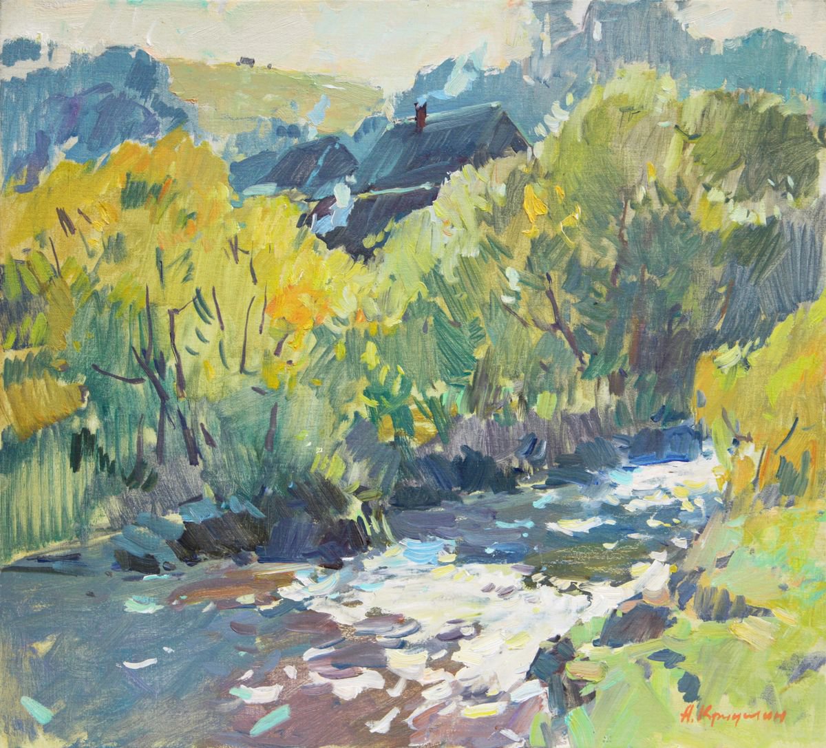 Impressionistic Landscape Oil Painting By Aleksandr Kryushyn, 22 X 20, Morning By The River, Original Artwork
