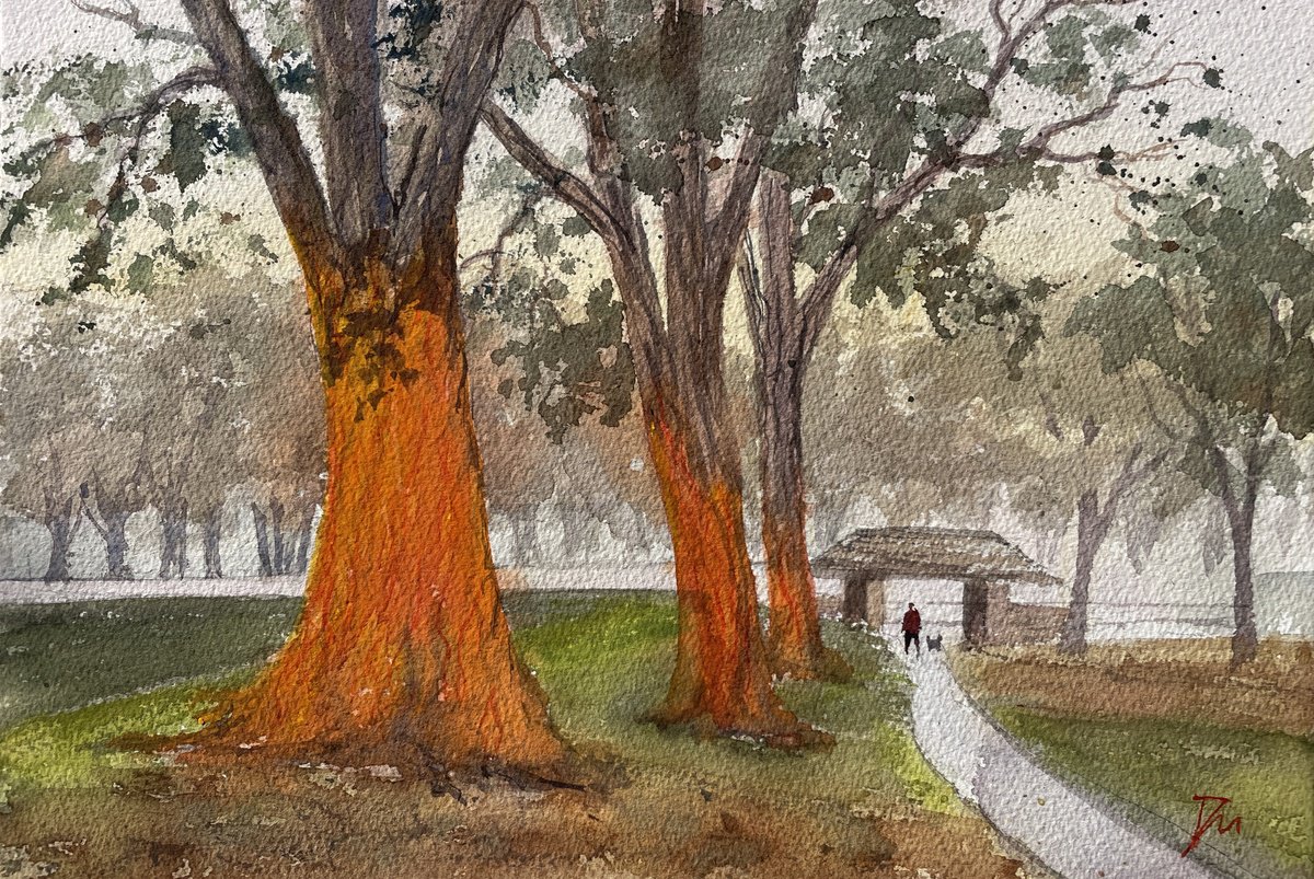 Impressionistic Botanical Watercolour By Shelly Du, 12 X 8", Sunset Stroll In The Park, Original Artwork