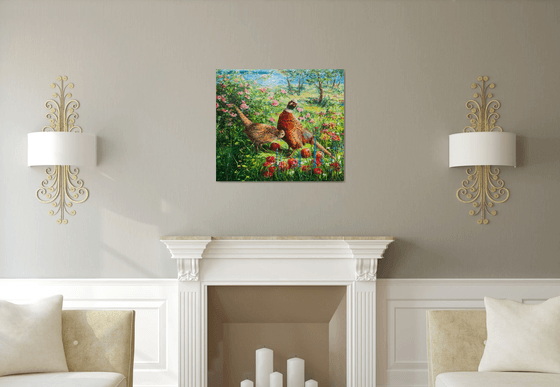 PHEASANTS IN APPLE GARDEN