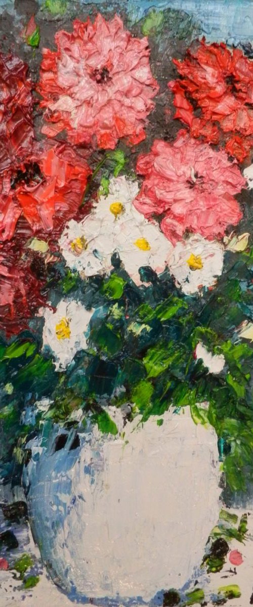 Still life with red flowers by Maria Karalyos