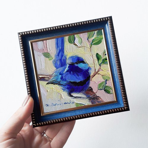 Small oil painting original Bird painting 4x4, Blue bird picture frame Fairy-wren bird artwork by Nataly Derevyanko