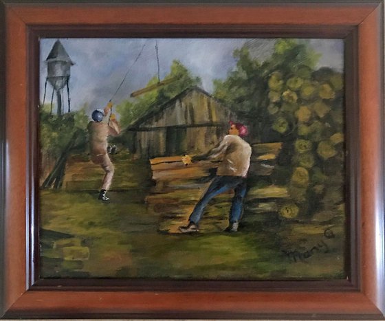 Vintage Lumber Yard Chores Original 8x10 Oil Painting fully framed