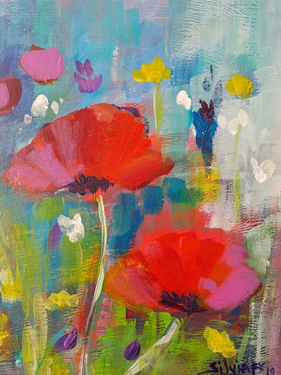 Poppies and yellow flowers. Poppy series.