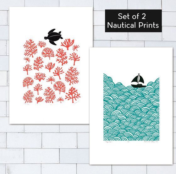 Set of 2 x A2 size Unframed Nautical Prints (Bigger Boat & Sea Turtle) - save 20% FREE Worldwide Delivery