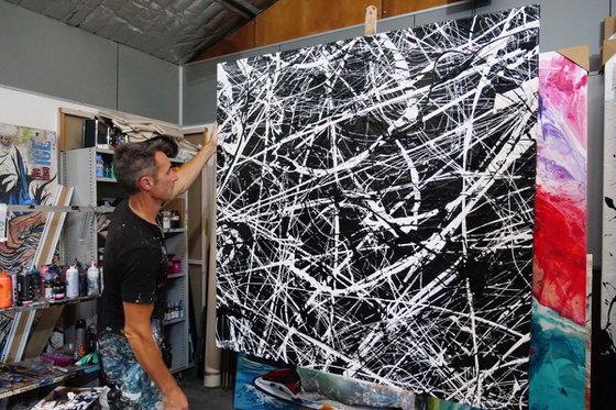 Scatter Brain Squared 150cm x 150cm Black White Textured Abstract Art