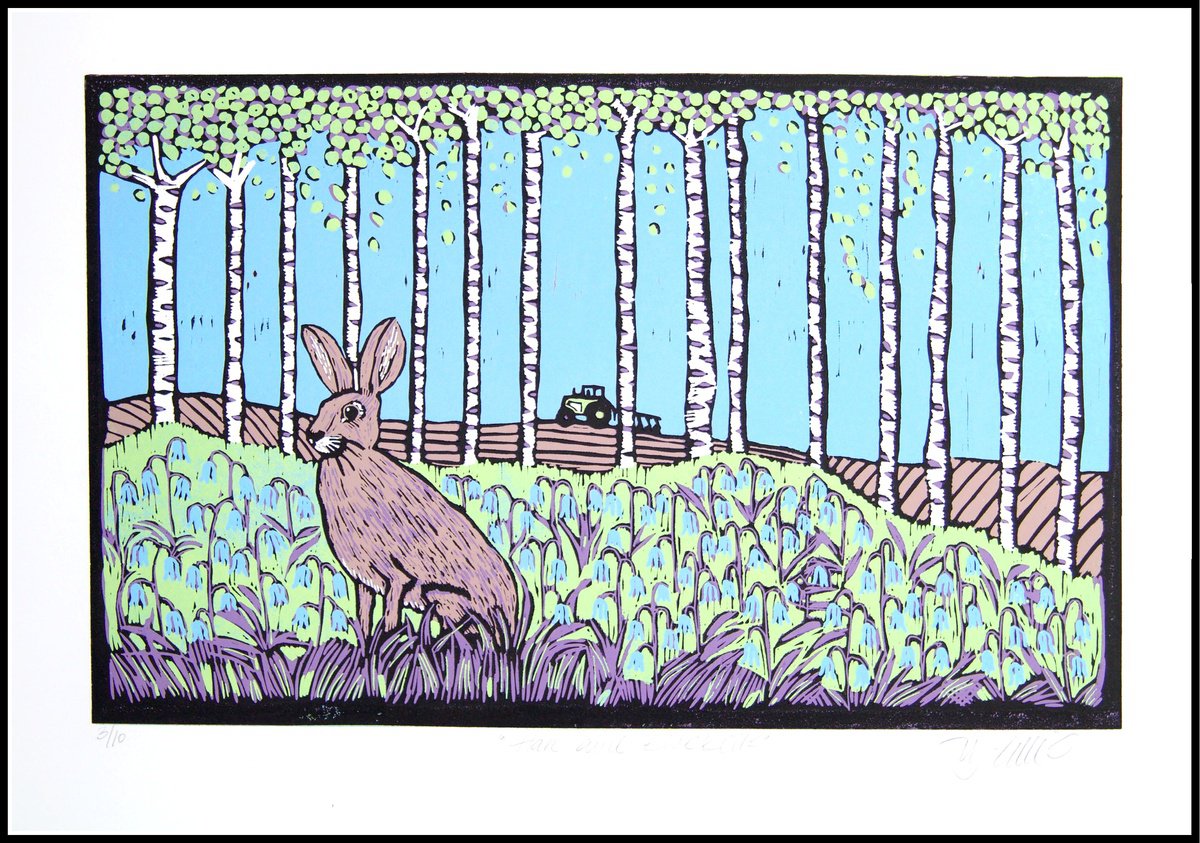 Illustrative Animal Linocut By Mariann Johansen-Ellis, 21 X 15", Hare And Bluebells, Original Artwork