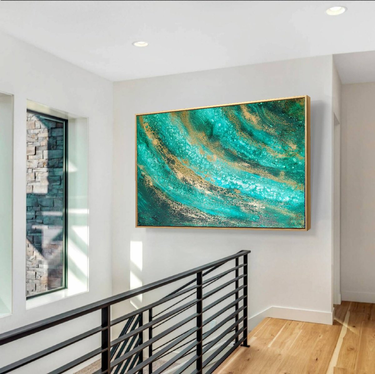 Organic Abstract Acrylic Painting By Eleni Denart, 59 X 39, Emerald Depths, Original Artwork