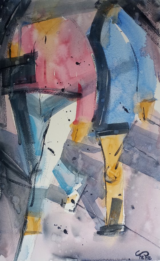 Walking couple (large size) - abstract watercolor