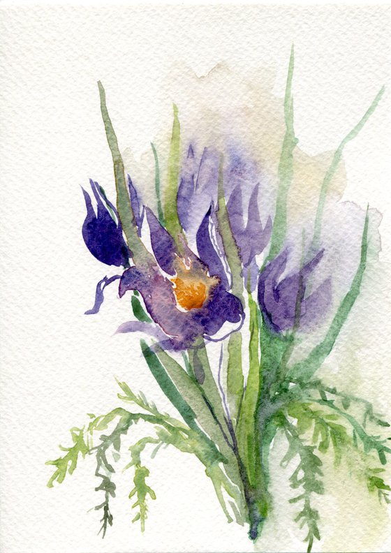 Watercolor original painting of violet flowers
