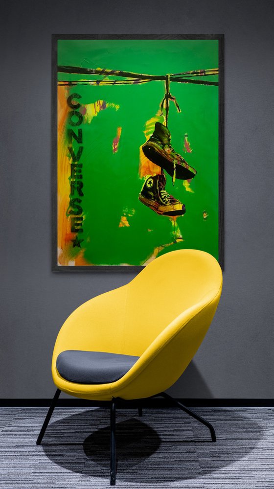 Green vertical painting - "CONVERSE" - Pop Art - Street Art - Sneakers - Urban Art - Electric wires