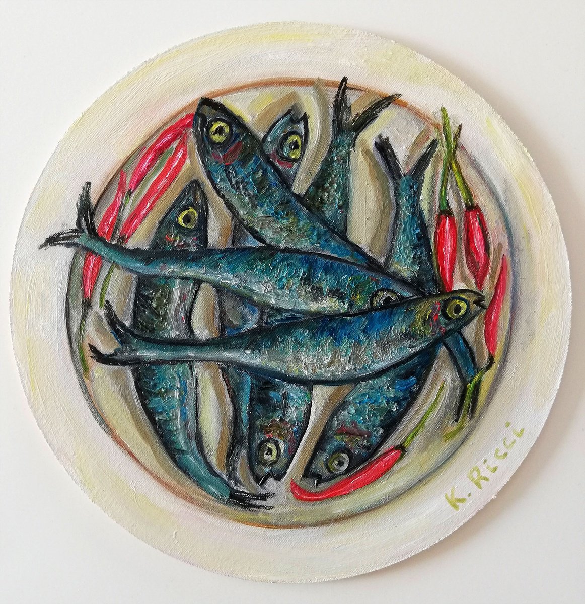 Impressionistic Still Life Oil Painting By Katia Ricci, 8 X 8", Anchovies In A Plate, Original Artwork