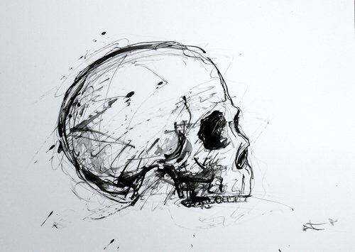 SKULL, EXPRESSIVE INK drawing by Lionel Le Jeune