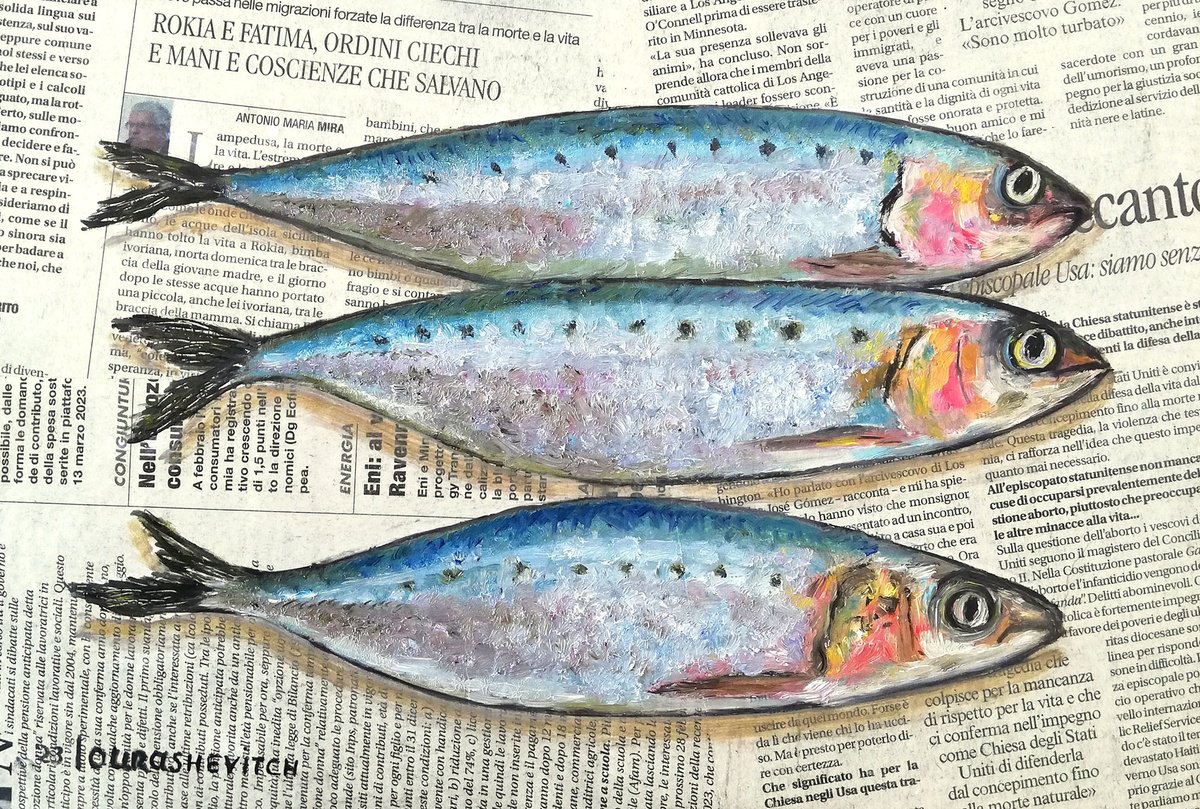 Mackerels on Newspaper Original Oil on Canvas Board Painting 12 by 8 inches (30x20 cm) by Katia Ricci