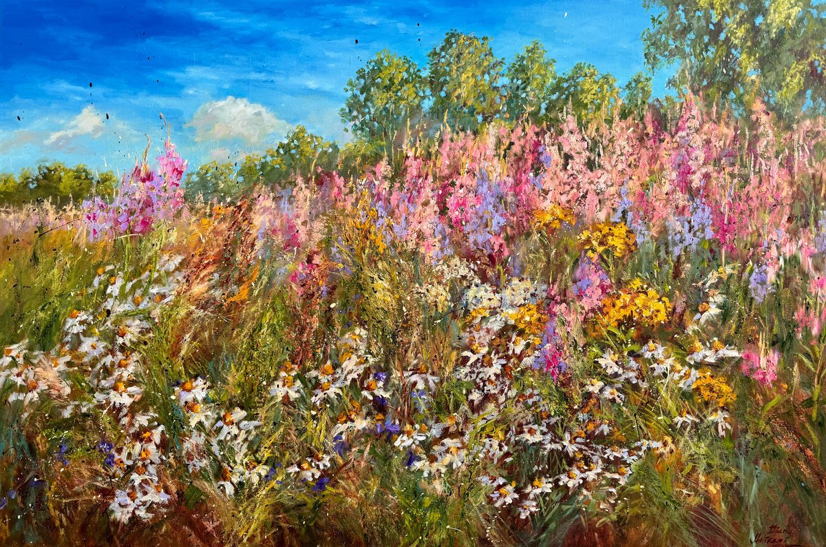 Impressionistic Landscape Oil Painting By Diana Malivani, 47 X 31, Summer Meadow, Original Artwork