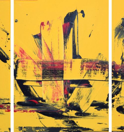 Beautiful yellow triptych abstract original "Yellow Abstraction" abstract painting art canvas - 27 x 12 inches by Stuart Wright