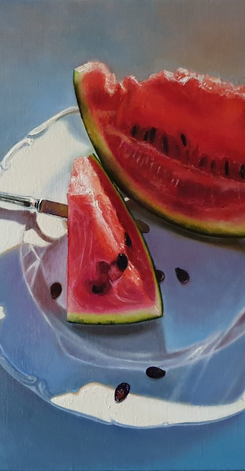 "Juicy slices"  still life summer watermelon liGHt original painting  GIFT (2019) by Anna Bessonova (Kotelnik)