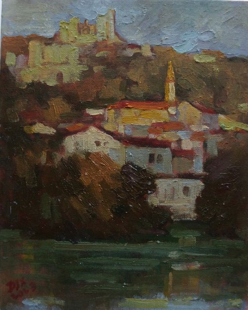 Original Oil Painting Wall Art Signed unframed Hand Made Jixiang Dong Canvas 25cm × 20cm Cityscape Evening Glow on the Danube Small Impressionism Impasto by Jixiang Dong