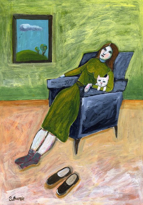Long Day Lady with her Cat by Sharyn Bursic