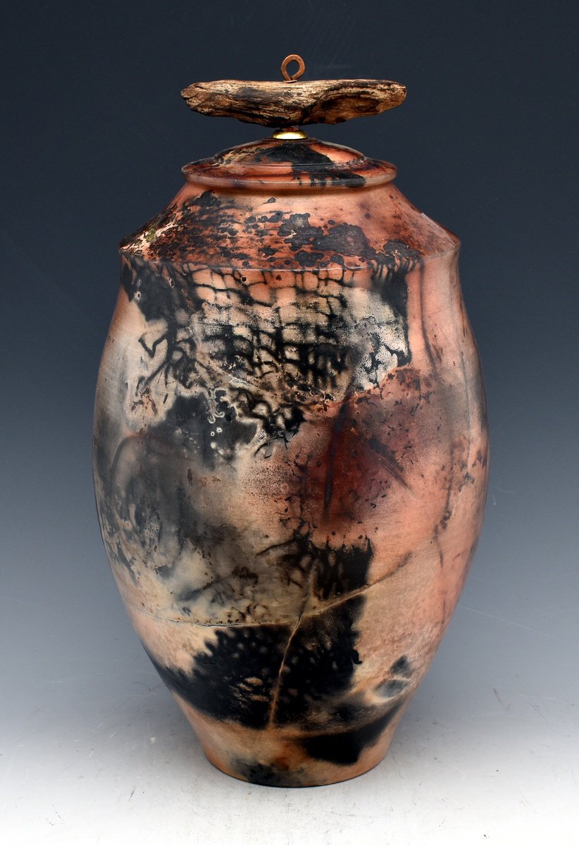 Sagger fired covered vessel urn, driftwood and copper additions by Ron Mello