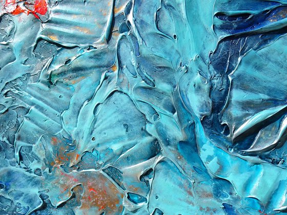 UNBELIEVABLE SUMMER. Abstract Blue, Teal, Turquoise Textured Coastal Large Painting