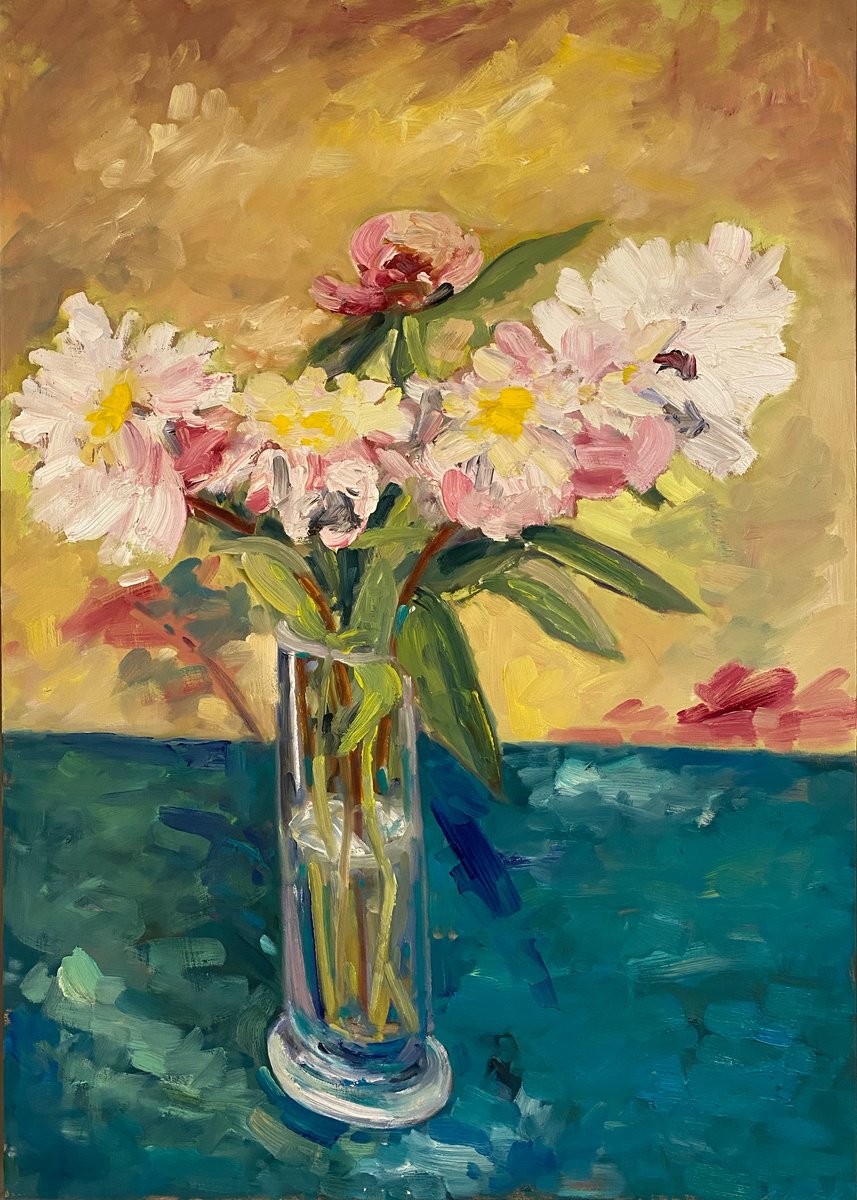 Fresh Peonies on Turquoise by Andrew Field