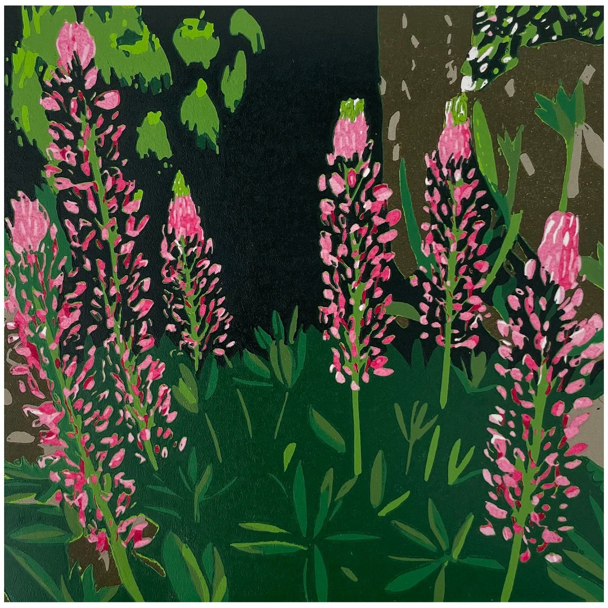 Impressionistic Linocut , Lupins By Kirstie Dedman, 6 X 6, Artwork For Sale On Artfinder