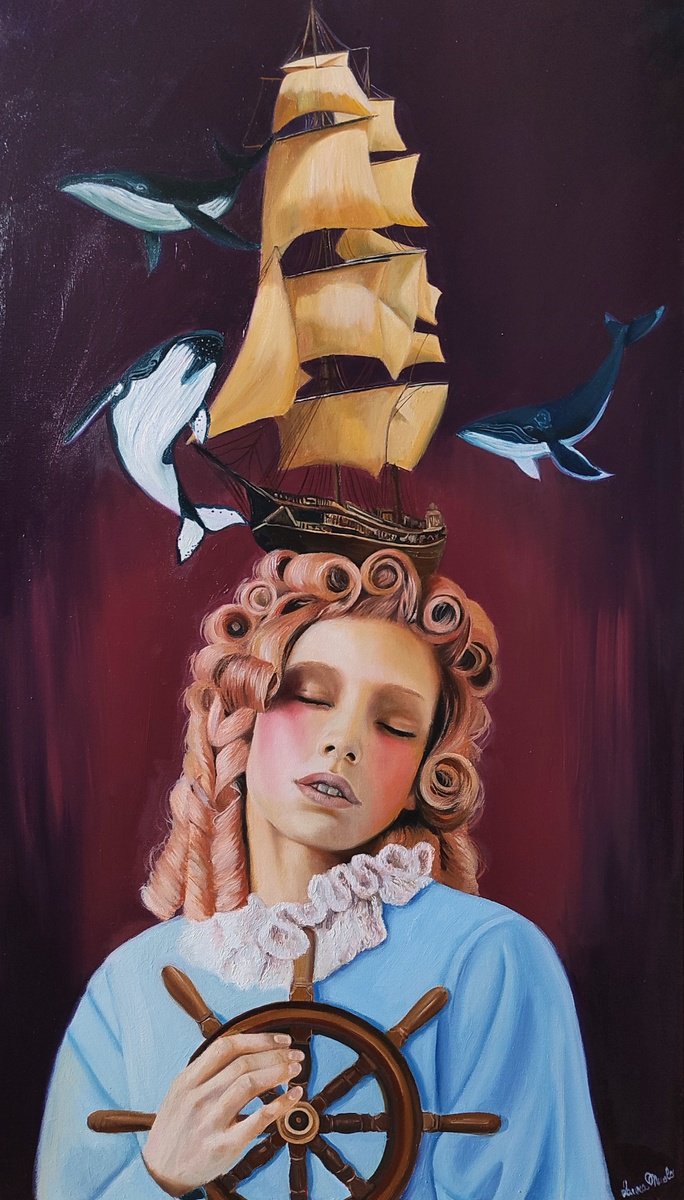 Surrealistic Portrait Oil Painting By Laura Muolo, 16 X 28", The Neverland, Original Artwork
