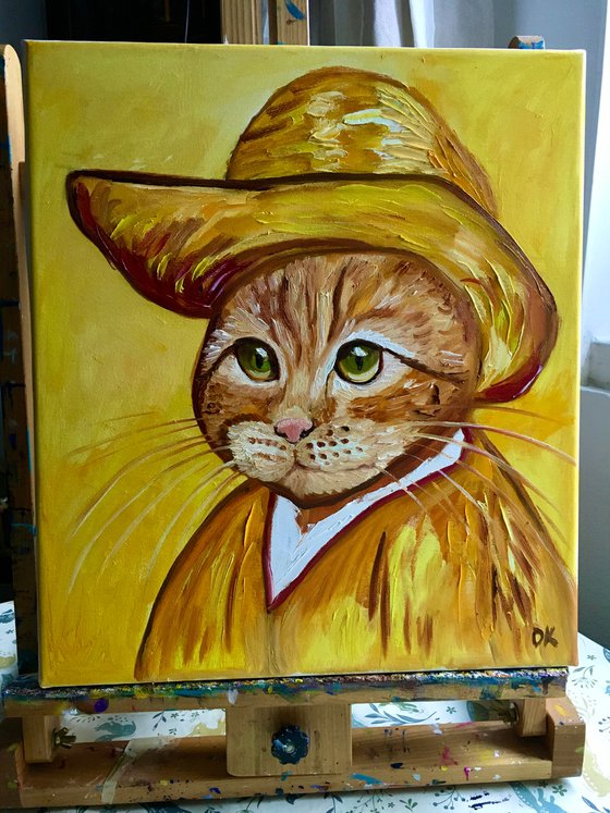 Cat in a straw hat with green eyes La Vincent Van Gogh