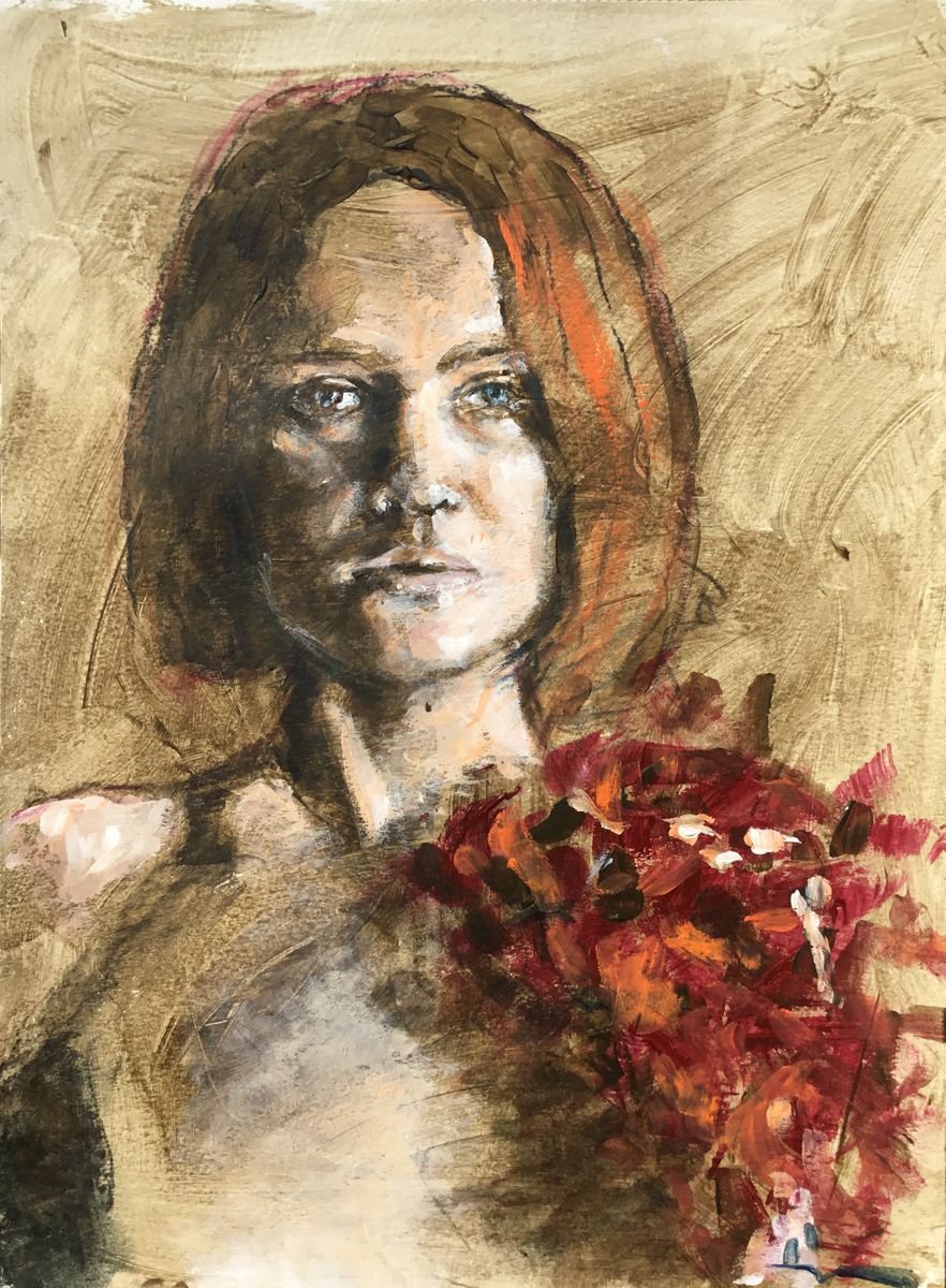 Expressive Portrait Acrylic Painting By Dominique Deve, 12 X 16, Le Bouquet, Original Artwork