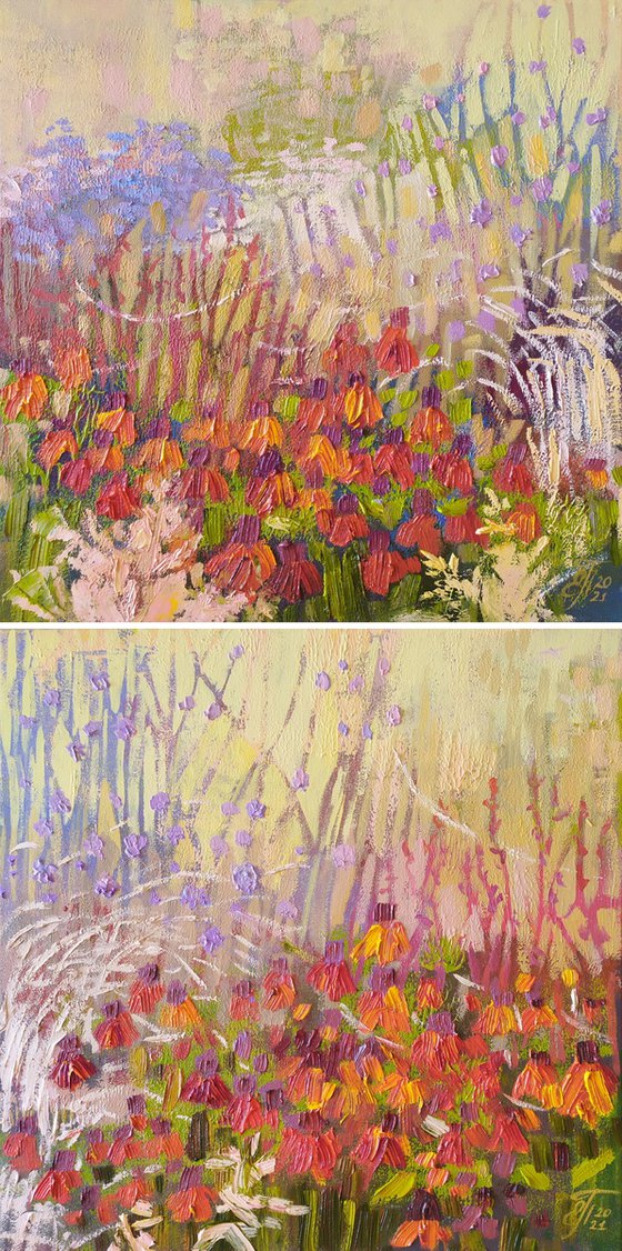SUNLIT FLOWERS - diptych -  set of 2 square abstract floral paintings