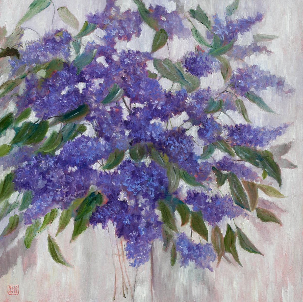 Impressionistic Botanical Oil Painting By Liudmila Pisliakova, 24 X 24", Lilac, Original Artwork