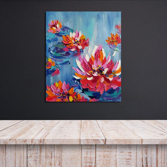 Water lilies -  lilies oil painting, lake, river, flowers in water, flowers on the river, water lilies, water lilies oil painting