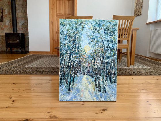 Winter forest at sunset