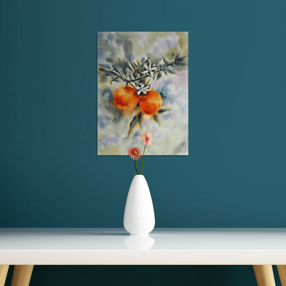 Tangerine tree - original watercolor painting - sunny orange and green color - Gifts for him - Gift for her