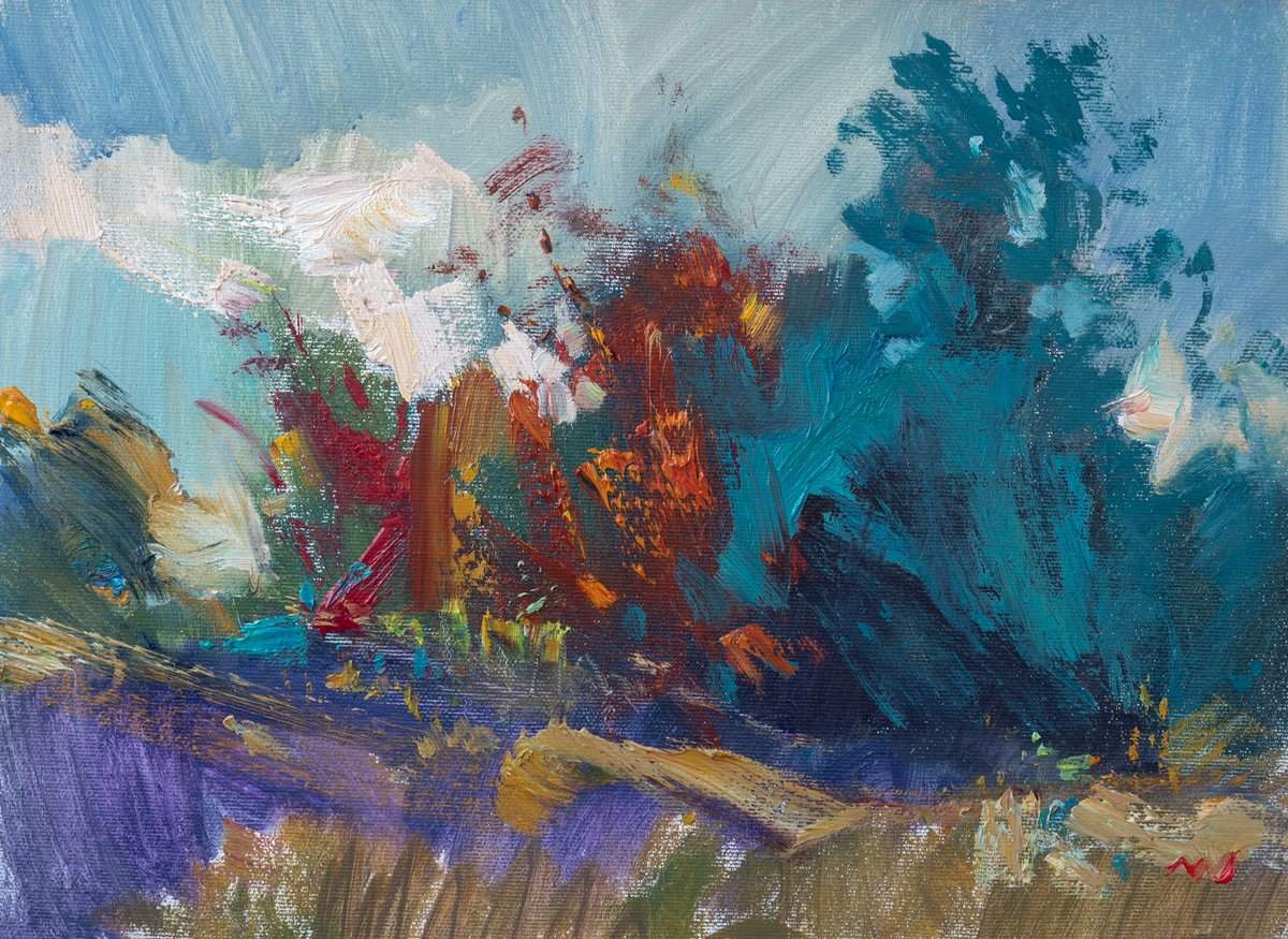 Expressive Landscape Oil Painting By Vasyl Moldavchuk, 15 X 10", Start Autumn, Original Artwork