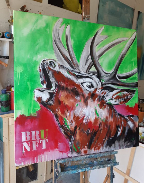 'BRUNFT' #6 - Rutting red deer - Work series 'Deer in pink' - PopArt in Pink and Green